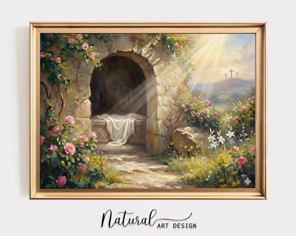 Resurrection Canvas Print, Empty Tomb Sunrise Painting, Christian Easter Decor, Floral Garden Home Poster