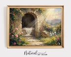 Resurrection Canvas Print, Empty Tomb Sunrise Painting, Christian Easter Decor, Floral Garden Home Poster