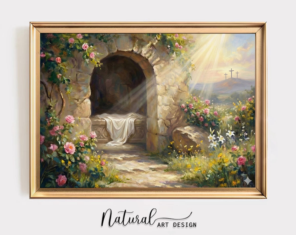 Resurrection Canvas Print, Empty Tomb Sunrise Painting, Christian Easter Decor, Floral Garden Home Poster