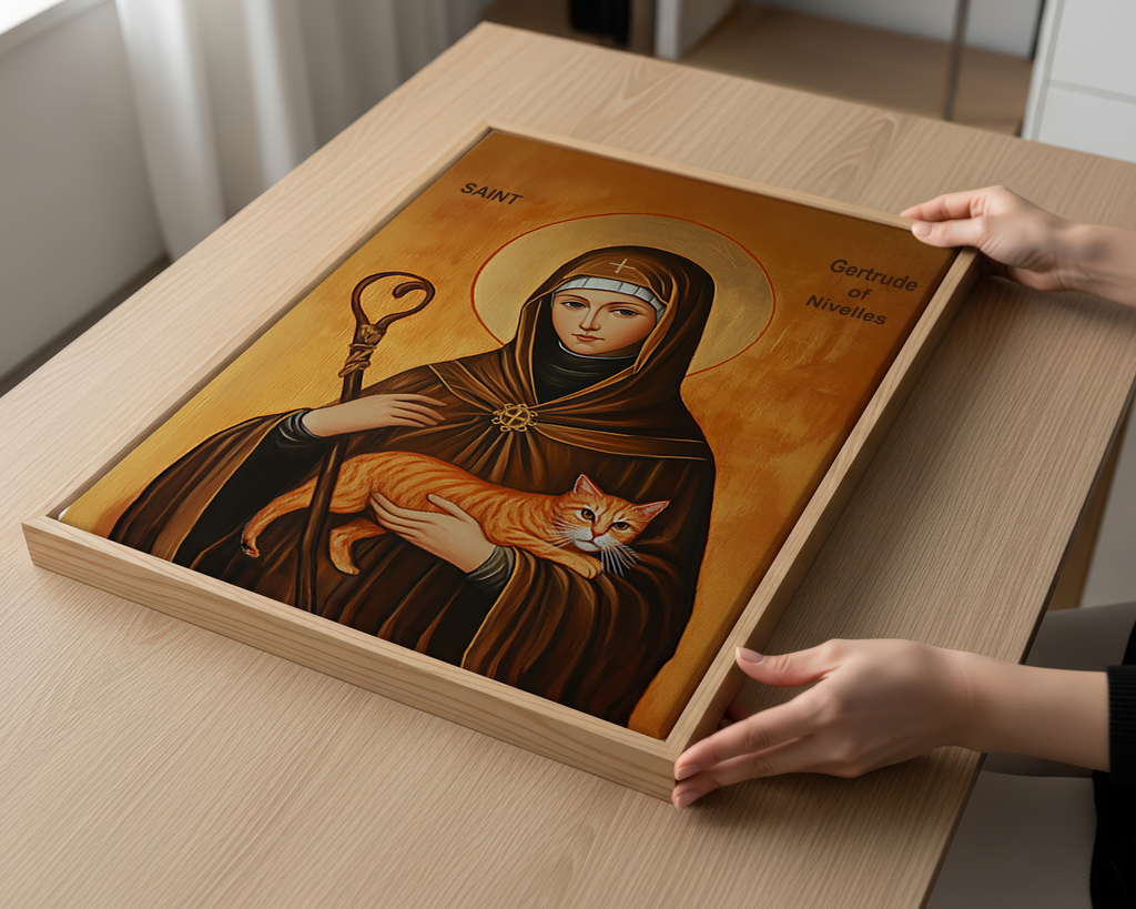 Saint Gertrude of Nivelles Icon Wall Art, Cat Lover Gift Orthodox Home Altar, Holygraceart