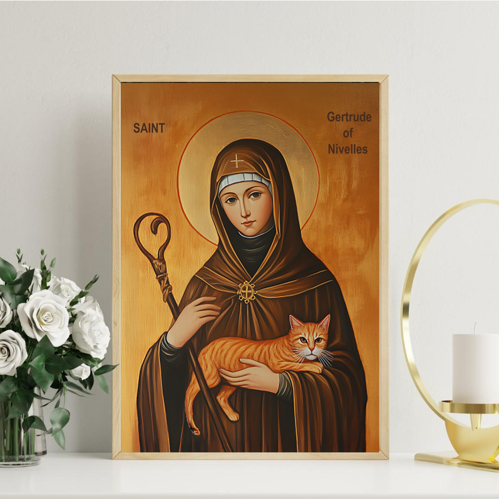 Saint Gertrude of Nivelles Icon Wall Art, Cat Lover Gift Orthodox Home Altar, Holygraceart
