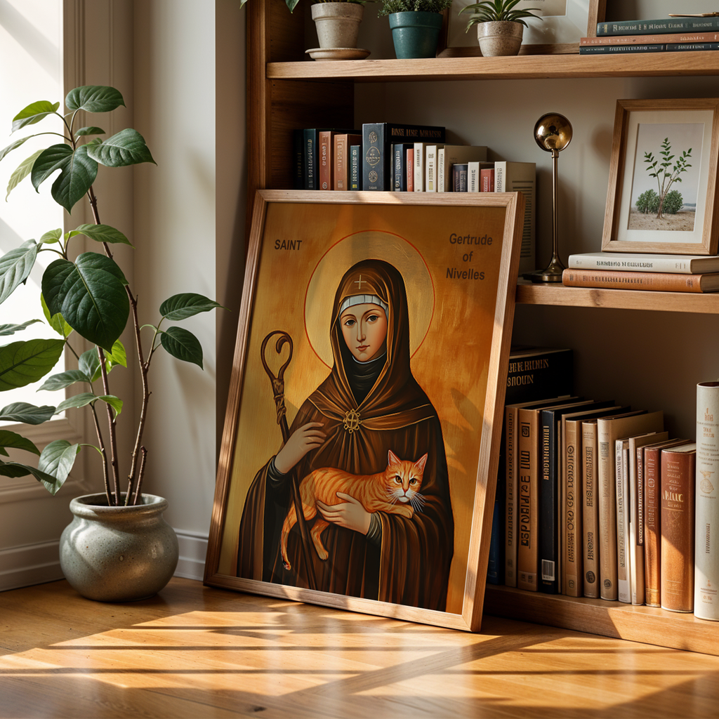 Saint Gertrude of Nivelles Icon Wall Art, Cat Lover Gift Orthodox Home Altar, Holygraceart