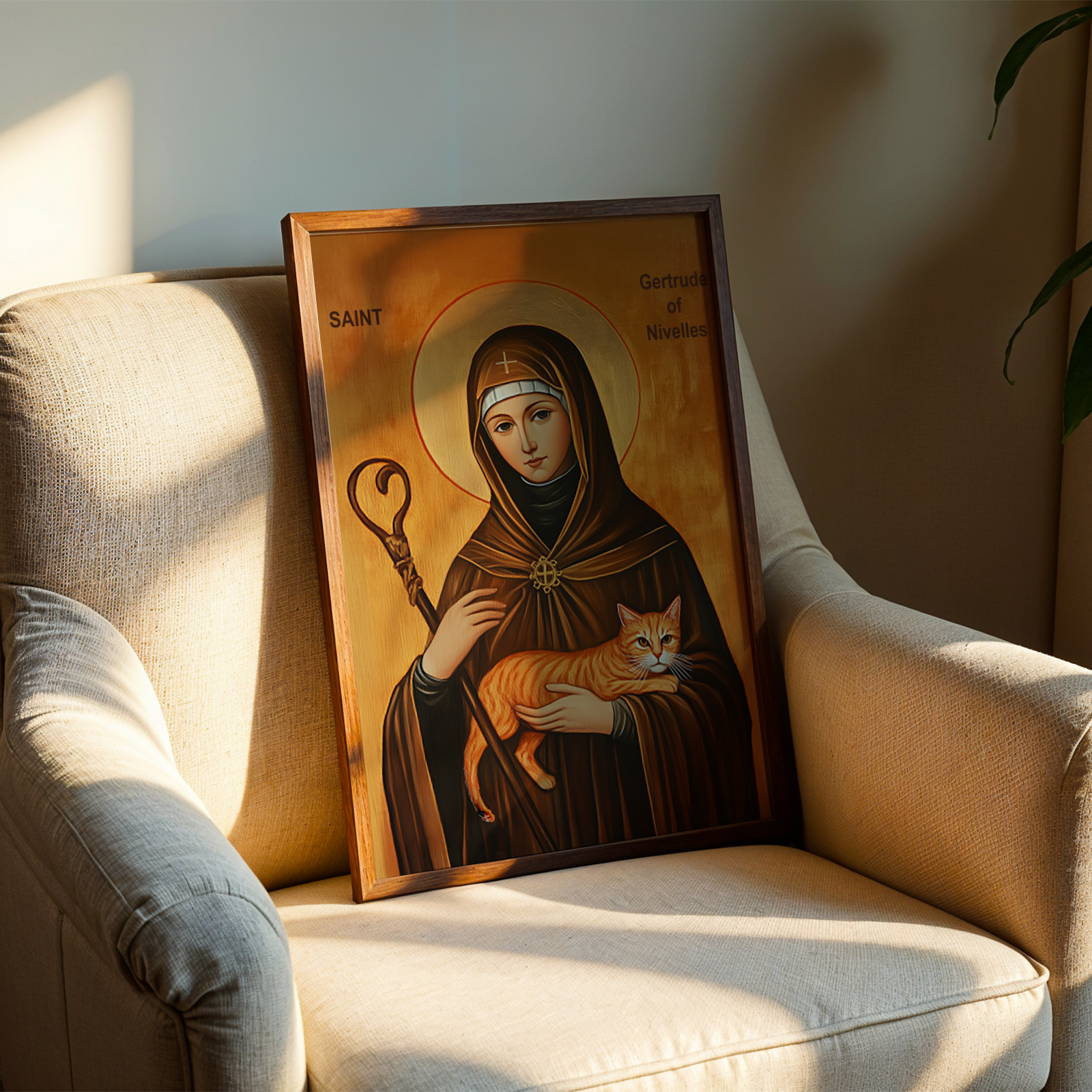 Saint Gertrude of Nivelles Icon Wall Art, Cat Lover Gift Orthodox Home Altar, Holygraceart