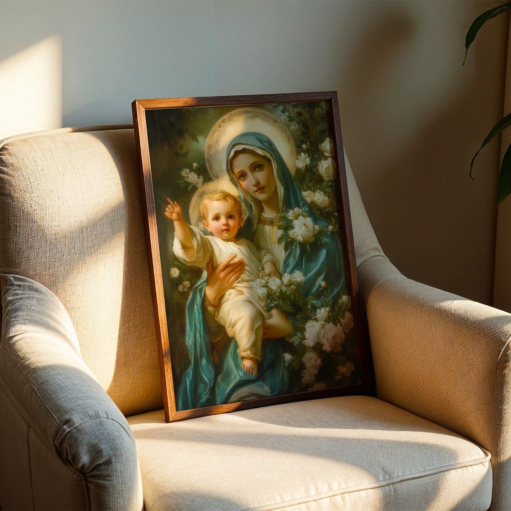 Virgin Mary with Baby Jesus Print, Family Blessing Gift, Prayer Corner Wall Art, Holygraceart