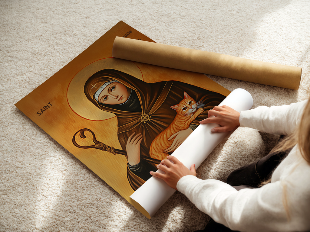 Saint Gertrude of Nivelles Icon Wall Art, Cat Lover Gift Orthodox Home Altar, Holygraceart