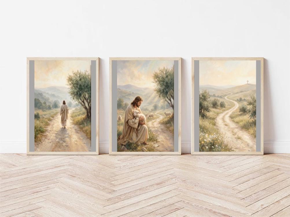 Jesus Triptych Canvas Art, Shepherd Lamb Painting, Christian Faith Decor, Neutral Beige Poster