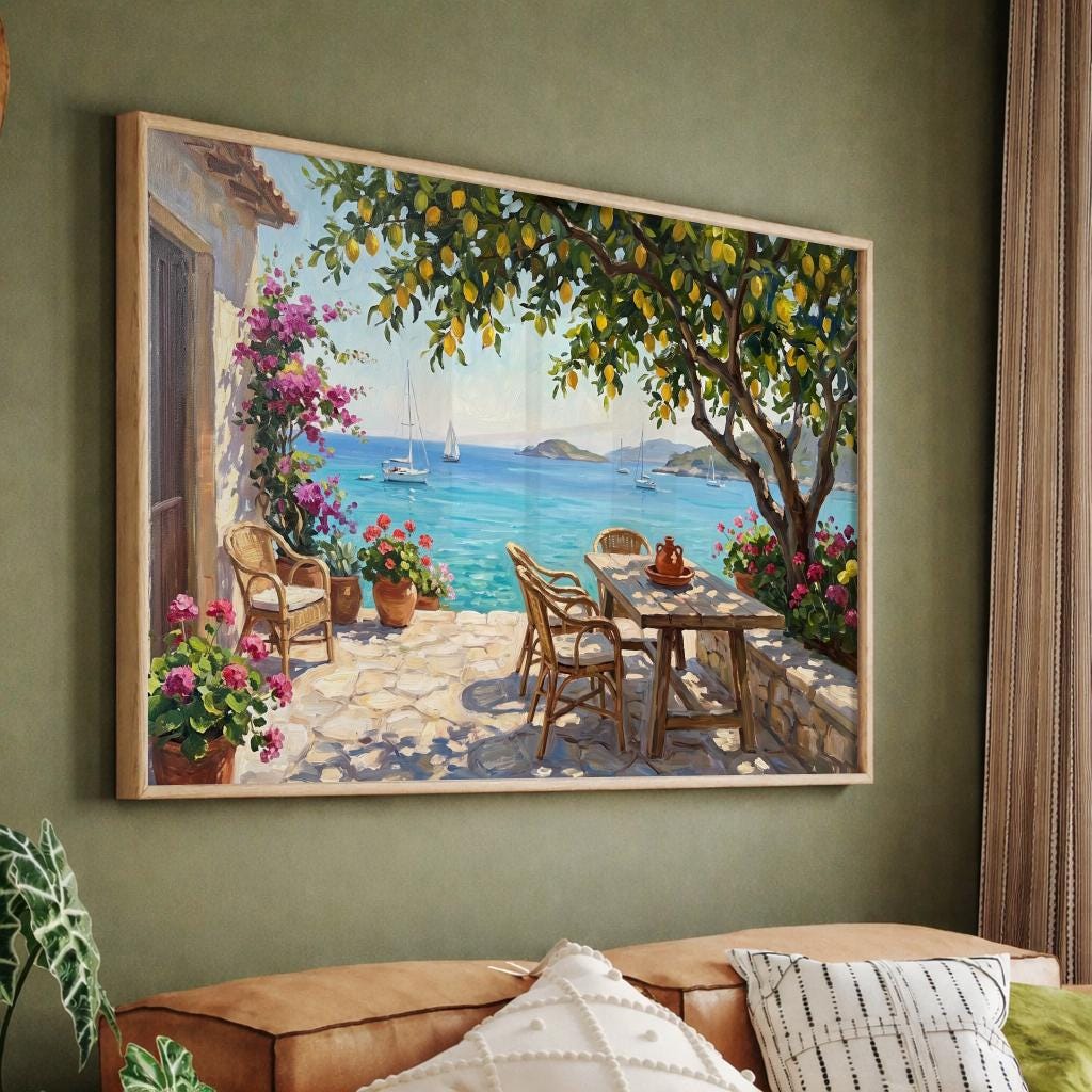 Amalfi Coast Lemon Tree Wall Art, Mediterranean Sea View Oil Painting, Italy Coastal Terrace Canvas, Summer Home Decor