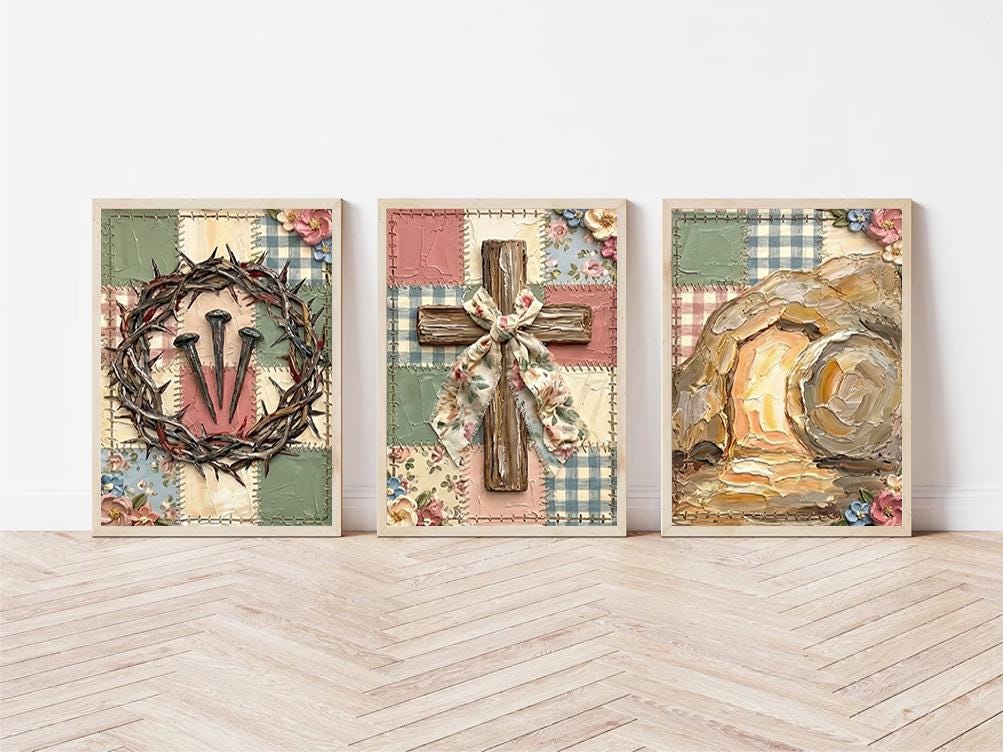 Rustic Christian Wall Art Set, Crown of Thorns Cross Tomb Canvas Prints