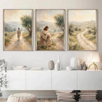 Jesus Triptych Canvas Art, Shepherd Lamb Painting, Christian Faith Decor, Neutral Beige Poster