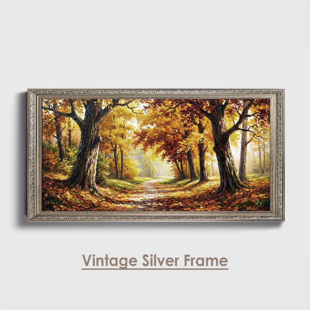 Autumn Forest Panoramic Oil Painting, Extra Wide Fall Landscape Canvas Print, Golden Tree Path Wall Art Decor