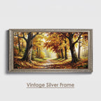 Autumn Forest Panoramic Oil Painting, Extra Wide Fall Landscape Canvas Print, Golden Tree Path Wall Art Decor
