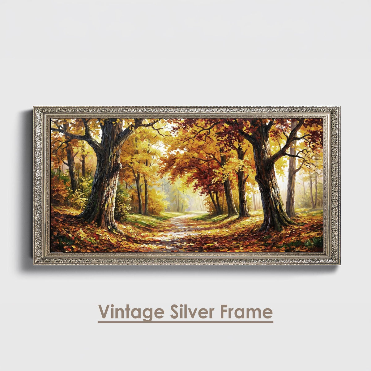 Autumn Forest Panoramic Oil Painting, Extra Wide Fall Landscape Canvas Print, Golden Tree Path Wall Art Decor
