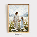 Jesus Walking with Child in Daisy Field Painting, Christian Wall Art, Religious Nursery Decor, Impasto Oil Canvas