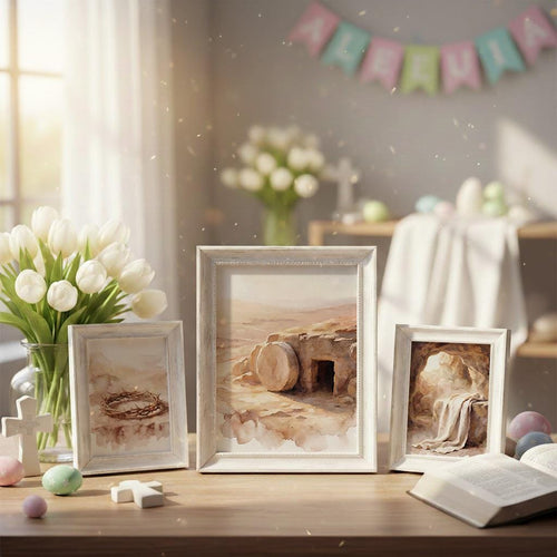 Christian Easter Wall Art Set, Crown of Thorns Empty Tomb Watercolor Prints