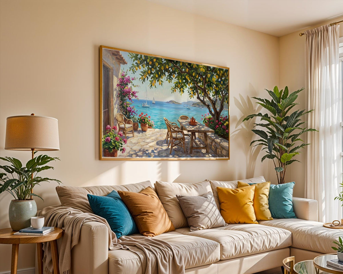 Amalfi Coast Lemon Tree Wall Art, Mediterranean Sea View Oil Painting, Italy Coastal Terrace Canvas, Summer Home Decor