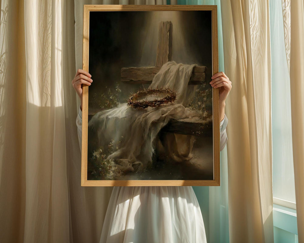 Resurrection Cross Canvas Print, Crown of Thorns, Easter Religious Wall Art