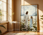 Jesus Walking with Child in Daisy Field Painting, Christian Wall Art, Religious Nursery Decor, Impasto Oil Canvas