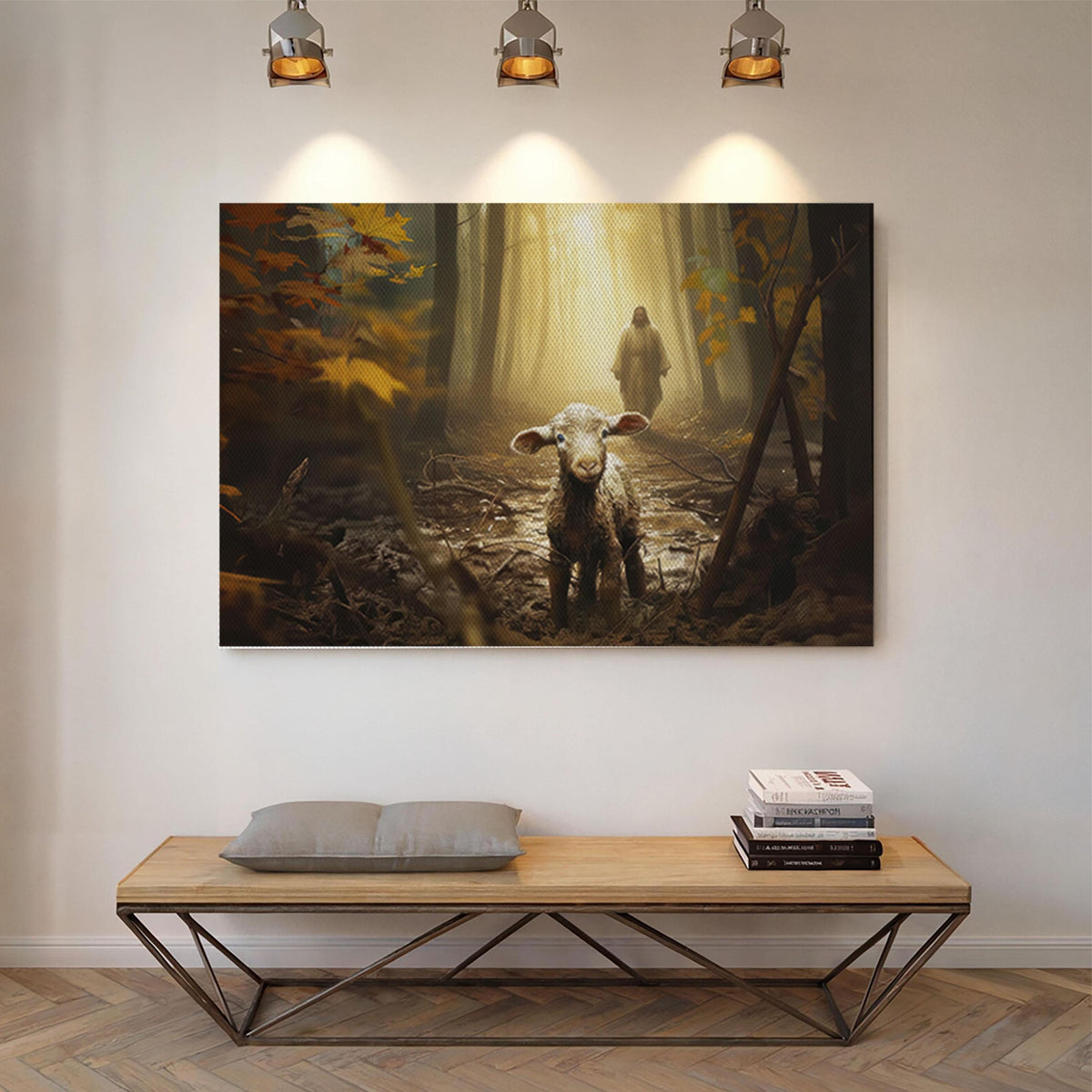 Lost Lamb Canvas Art: Jesus, Good Shepherd, Forest Light
