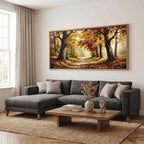 Autumn Forest Panoramic Oil Painting, Extra Wide Fall Landscape Canvas Print, Golden Tree Path Wall Art Decor