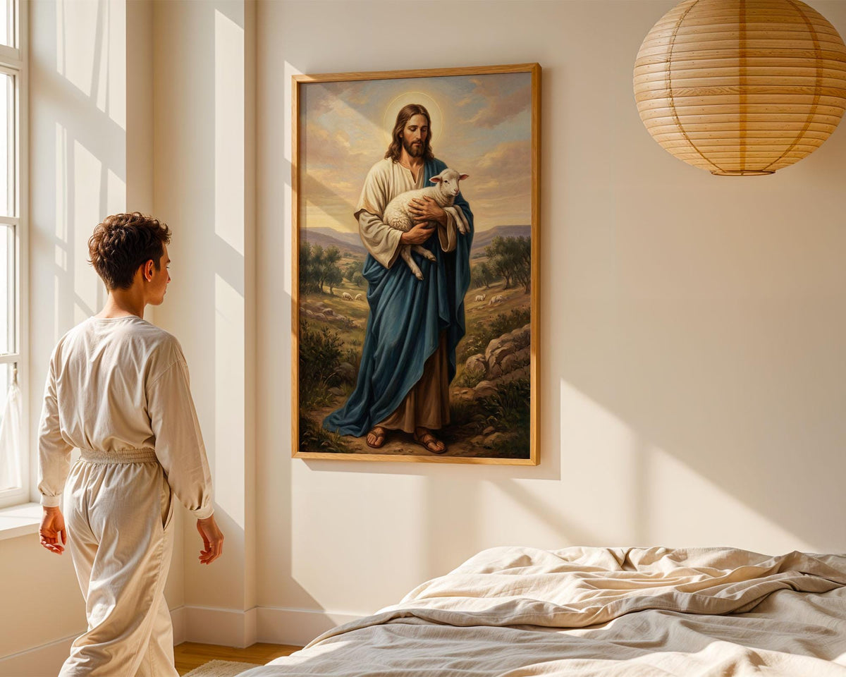 Good Shepherd Jesus Canvas Print, Christ Lamb Painting, Religious Home Decor Poster