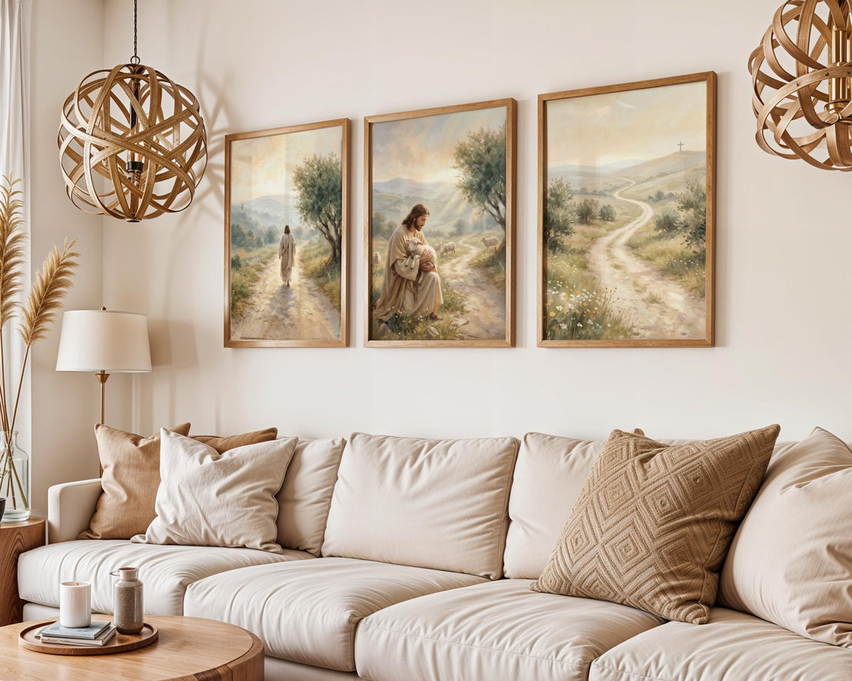 Jesus Triptych Canvas Art, Shepherd Lamb Painting, Christian Faith Decor, Neutral Beige Poster