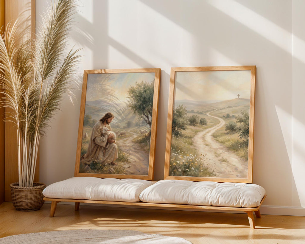 Jesus Triptych Canvas Art, Shepherd Lamb Painting, Christian Faith Decor, Neutral Beige Poster