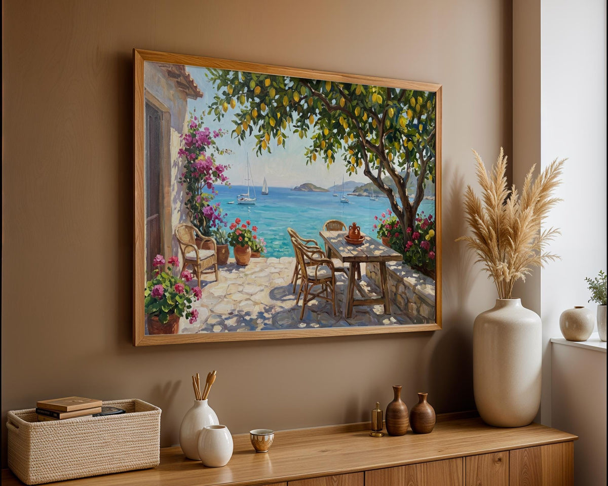 Amalfi Coast Lemon Tree Wall Art, Mediterranean Sea View Oil Painting, Italy Coastal Terrace Canvas, Summer Home Decor