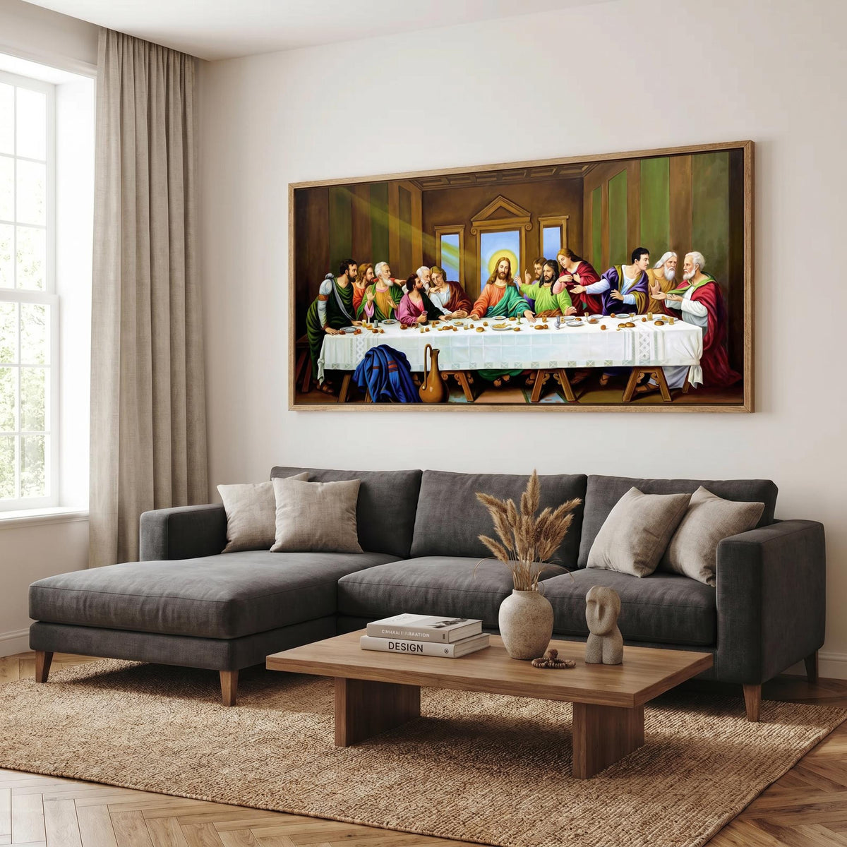 The Last Supper Canvas Wall Art, Panoramic Christian Decor, Jesus Christ & Twelve Apostles Large Religious Print