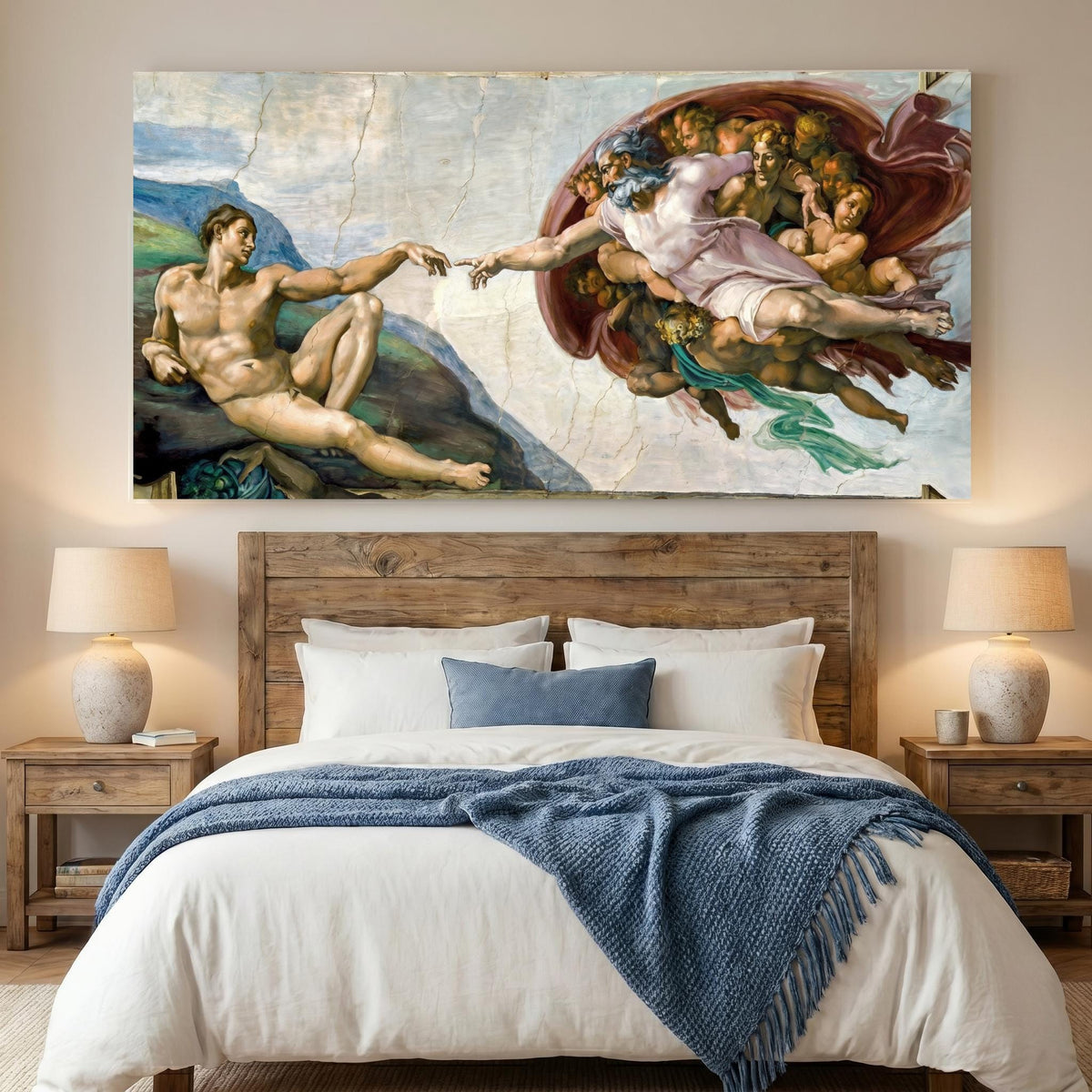 The Creation of Adam Panoramic Wall Art - Michelangelo Sistine Chapel Canvas Print - Large Renaissance Masterpiece