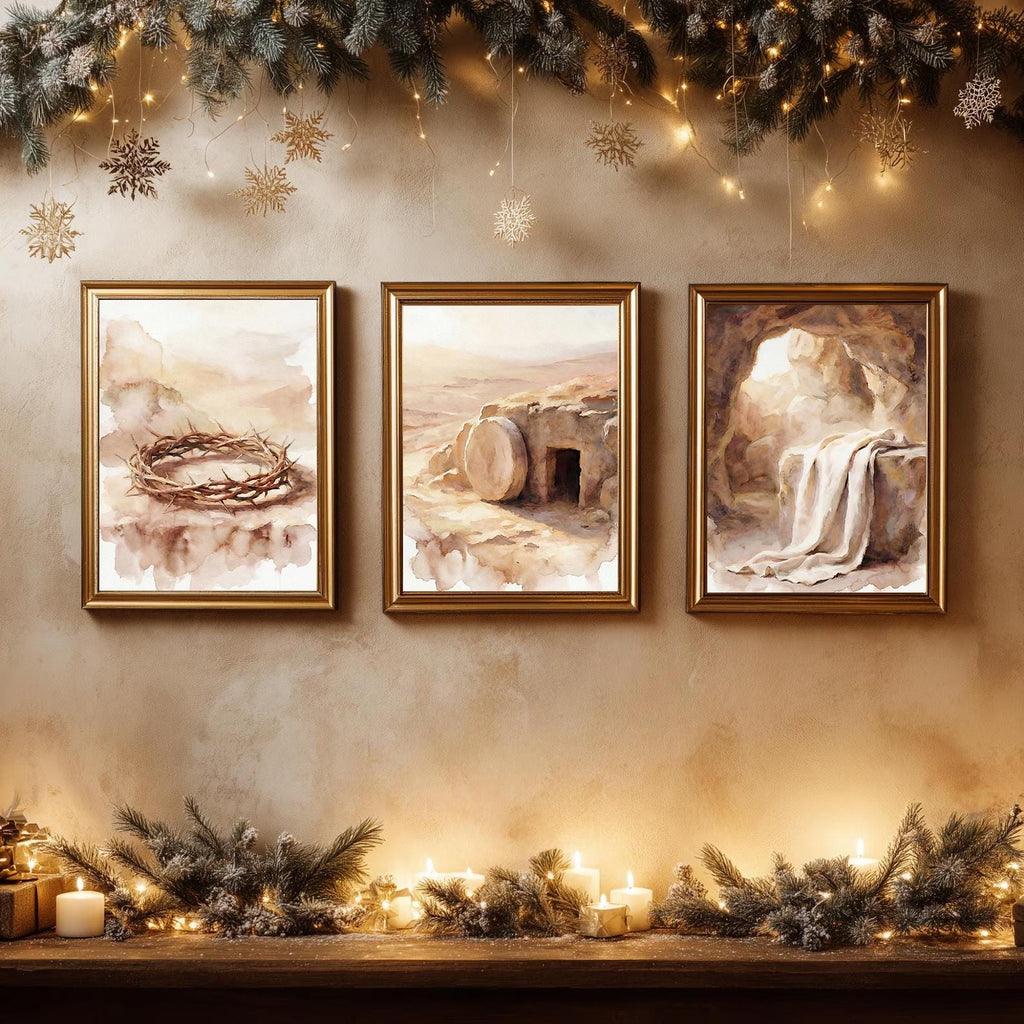 Christian Easter Wall Art Set, Crown of Thorns Empty Tomb Watercolor Prints