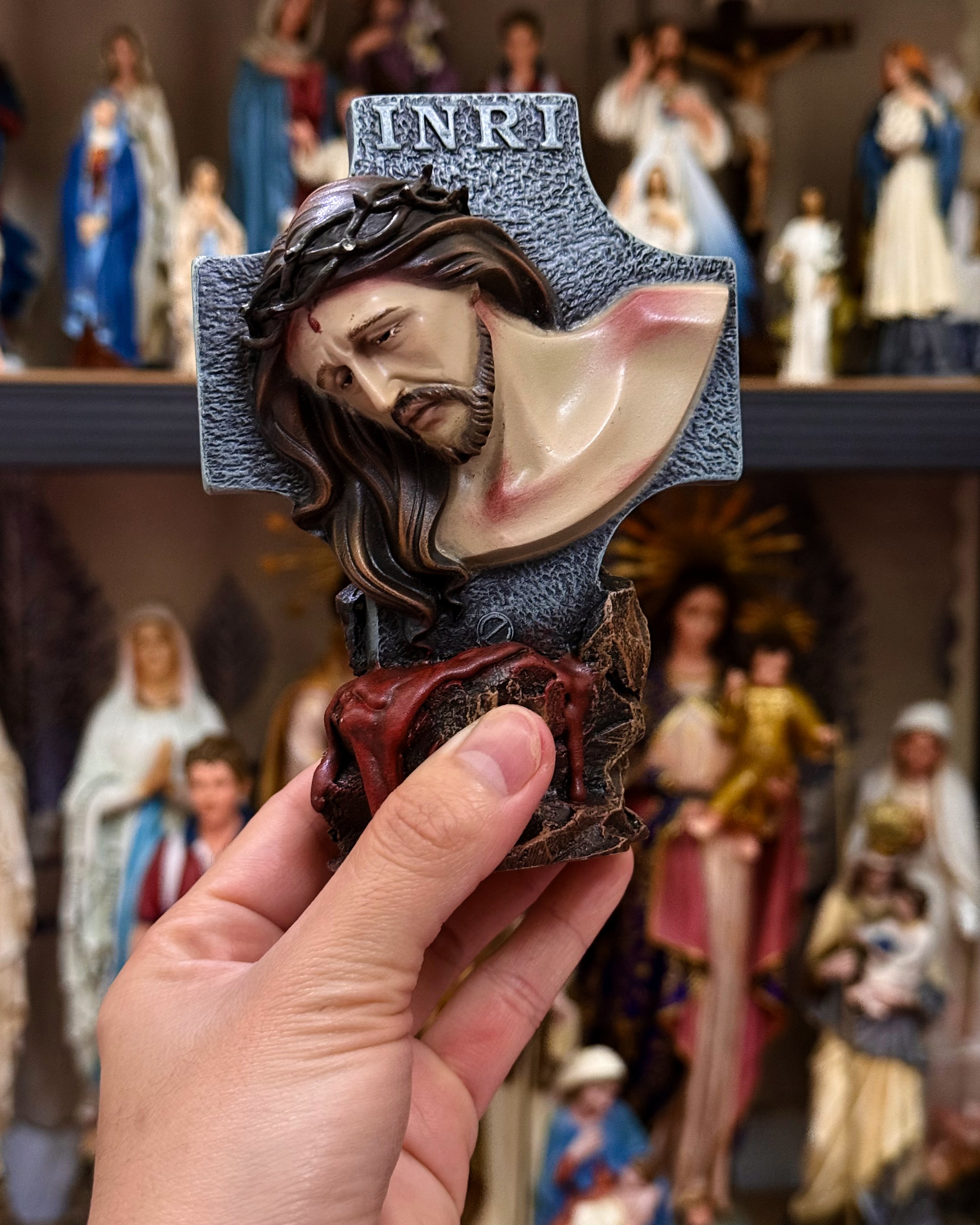 Hand-painted Passion of Christ bust statue with INRI cross and crown of thorns