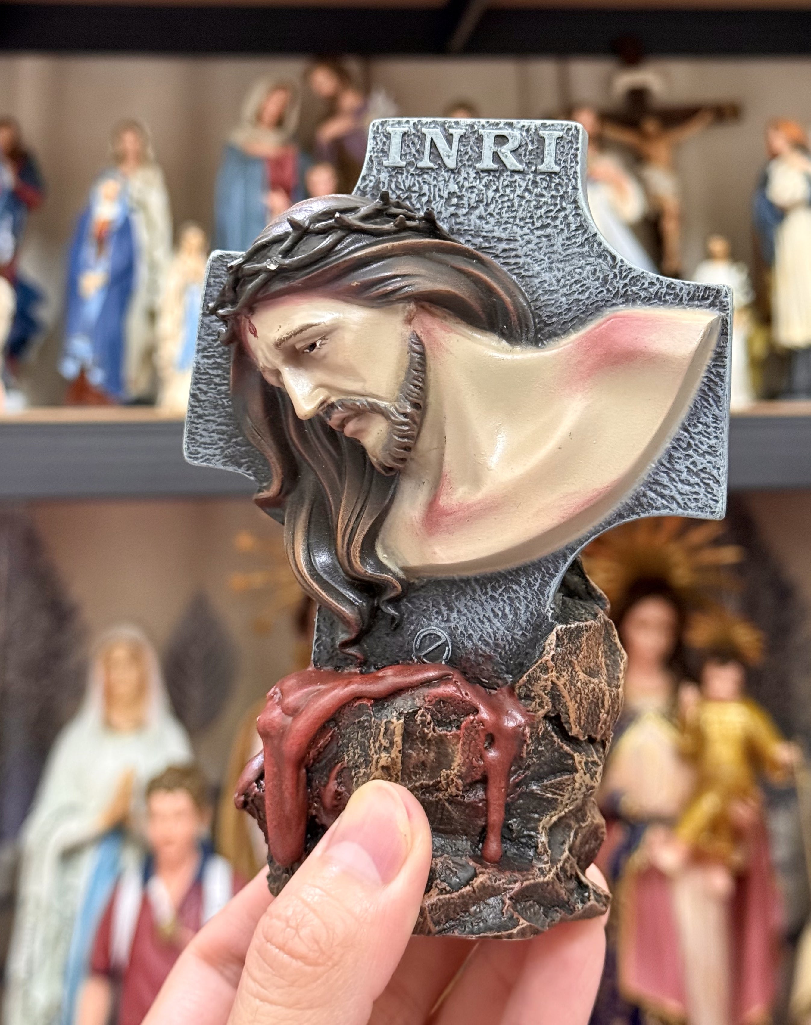 Hand-painted Passion of Christ bust statue with INRI cross and crown of thorns