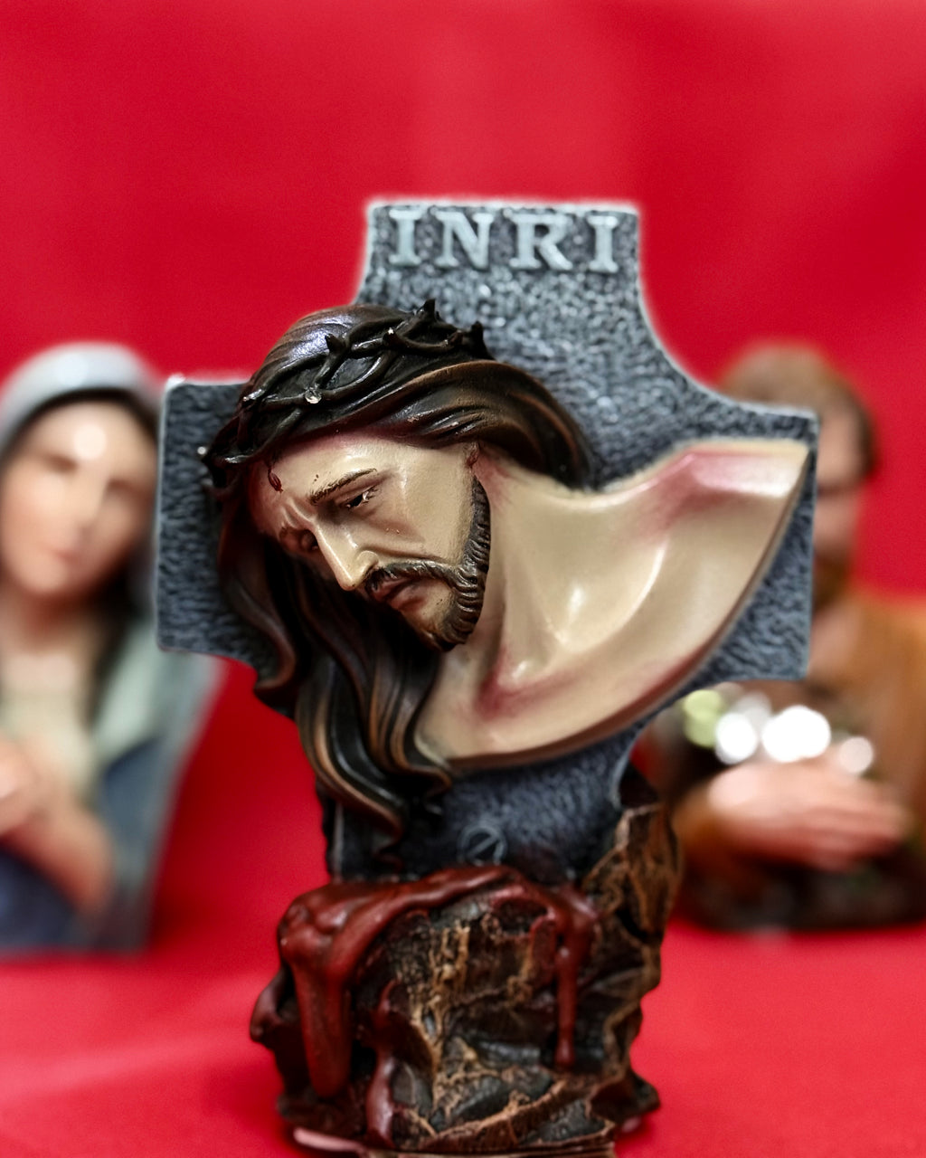 Hand-painted Passion of Christ bust statue with INRI cross and crown of thorns