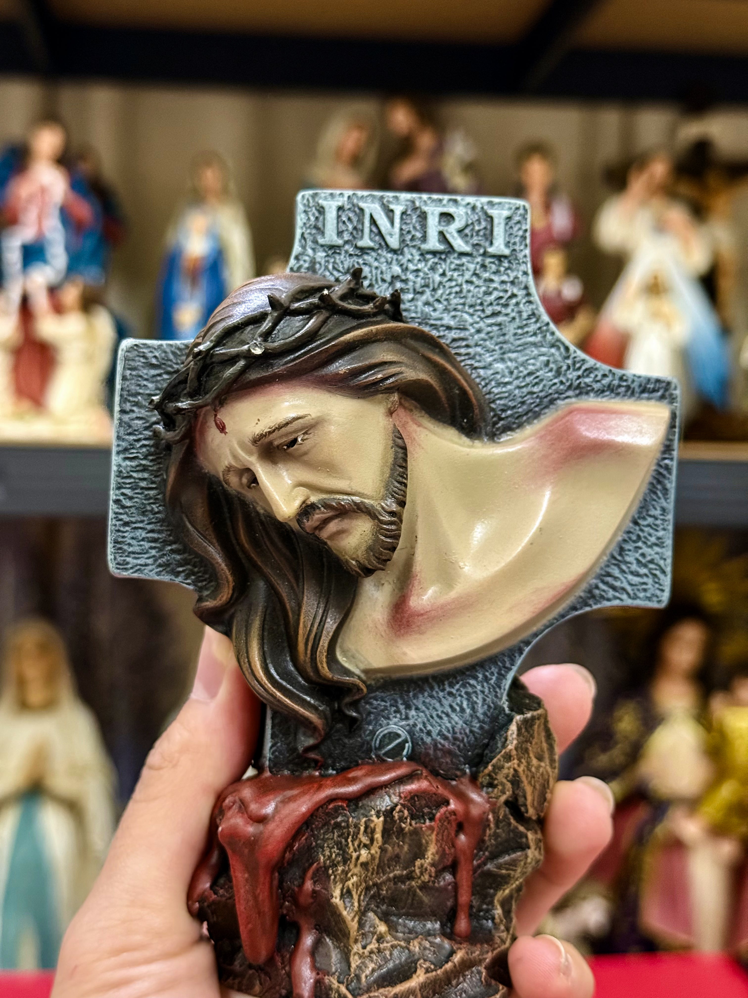 Hand-painted Passion of Christ bust statue with INRI cross and crown of thorns