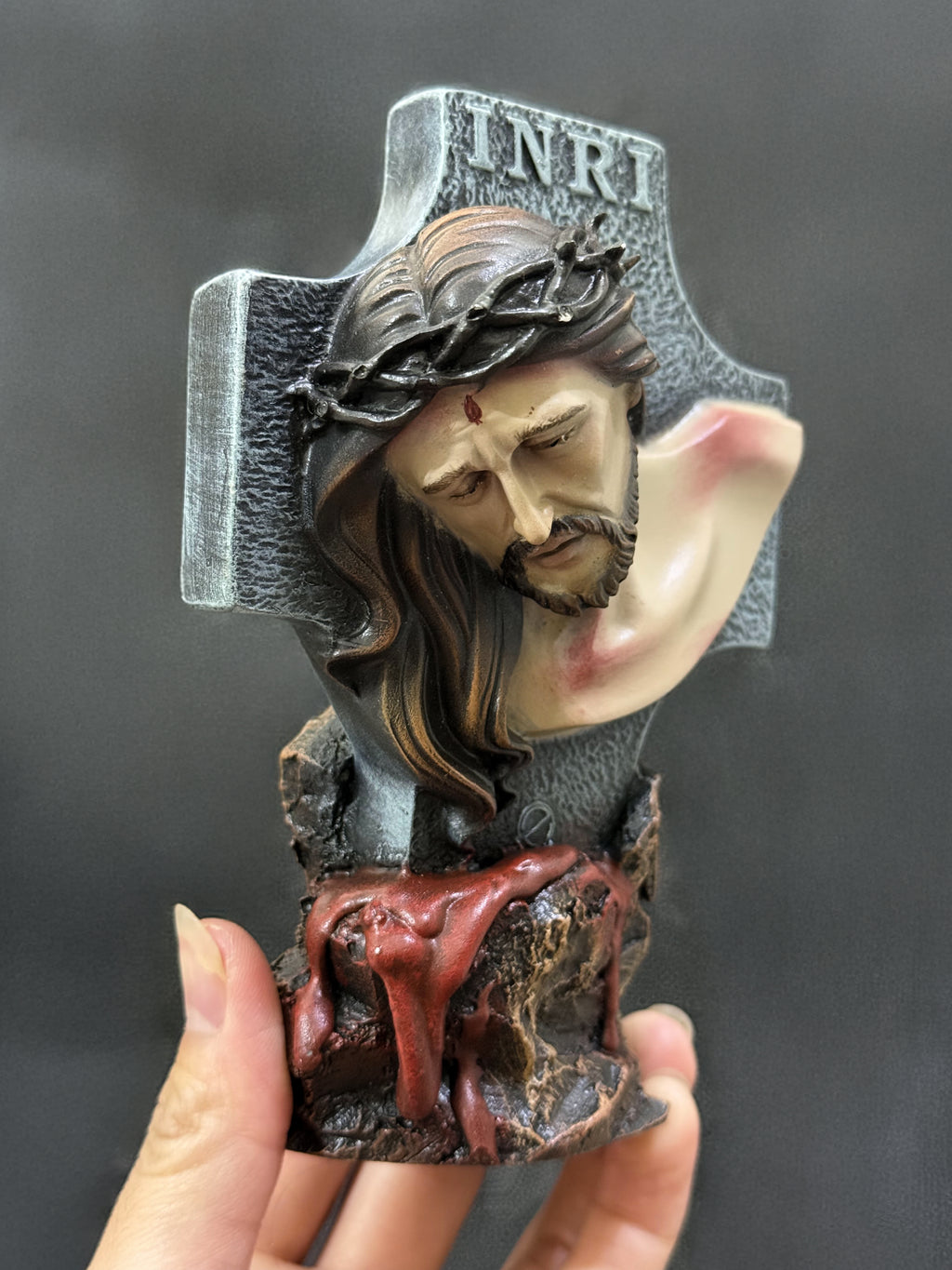 Hand-painted Passion of Christ bust statue with INRI cross and crown of thorns