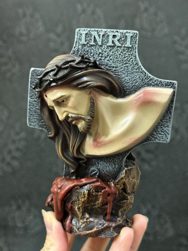 Hand-painted Passion of Christ bust statue with INRI cross and crown of thorns