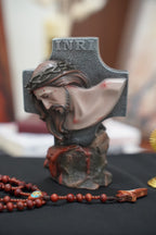 Hand-painted Passion of Christ bust statue with INRI cross and crown of thorns