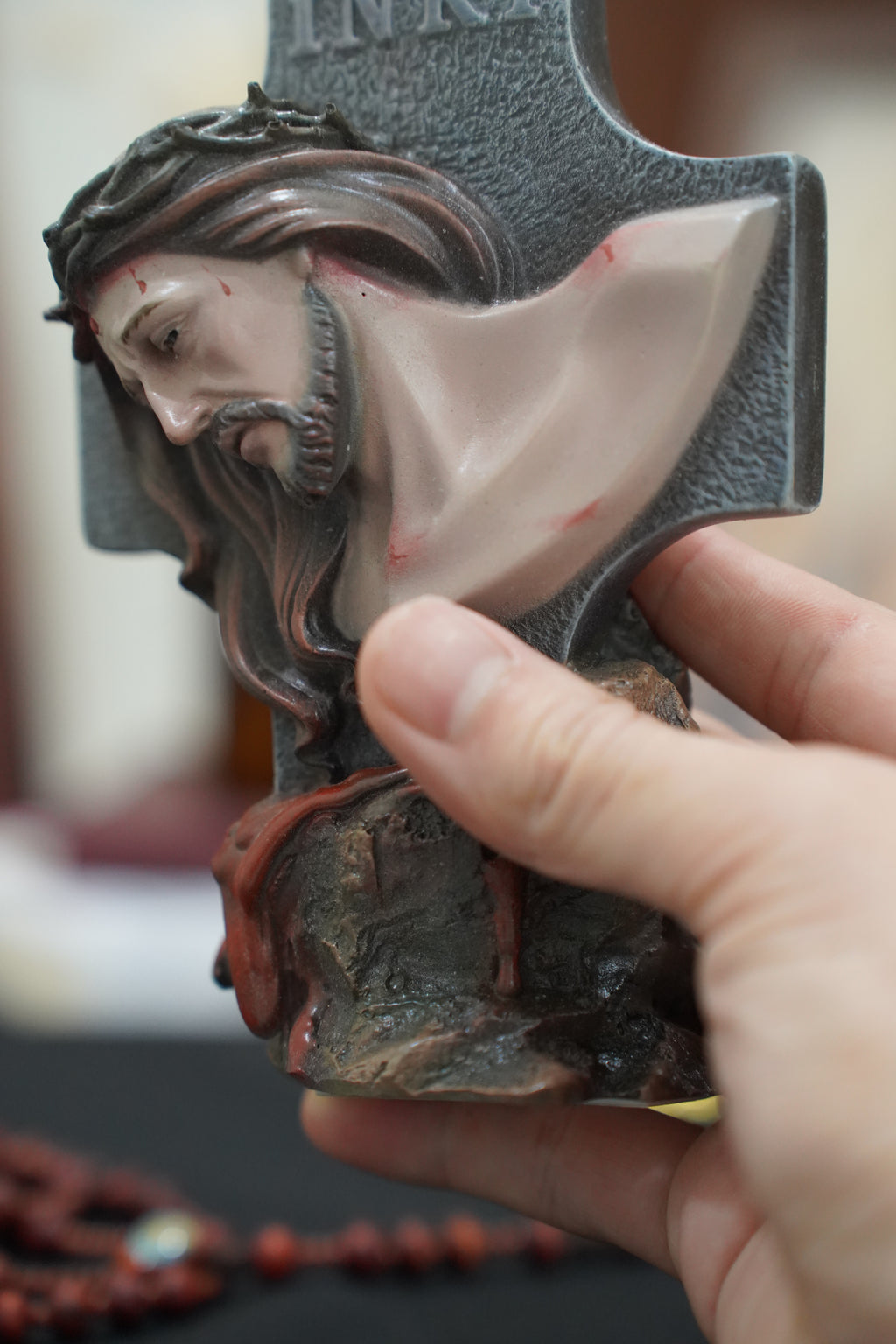 Hand-painted Passion of Christ bust statue with INRI cross and crown of thorns