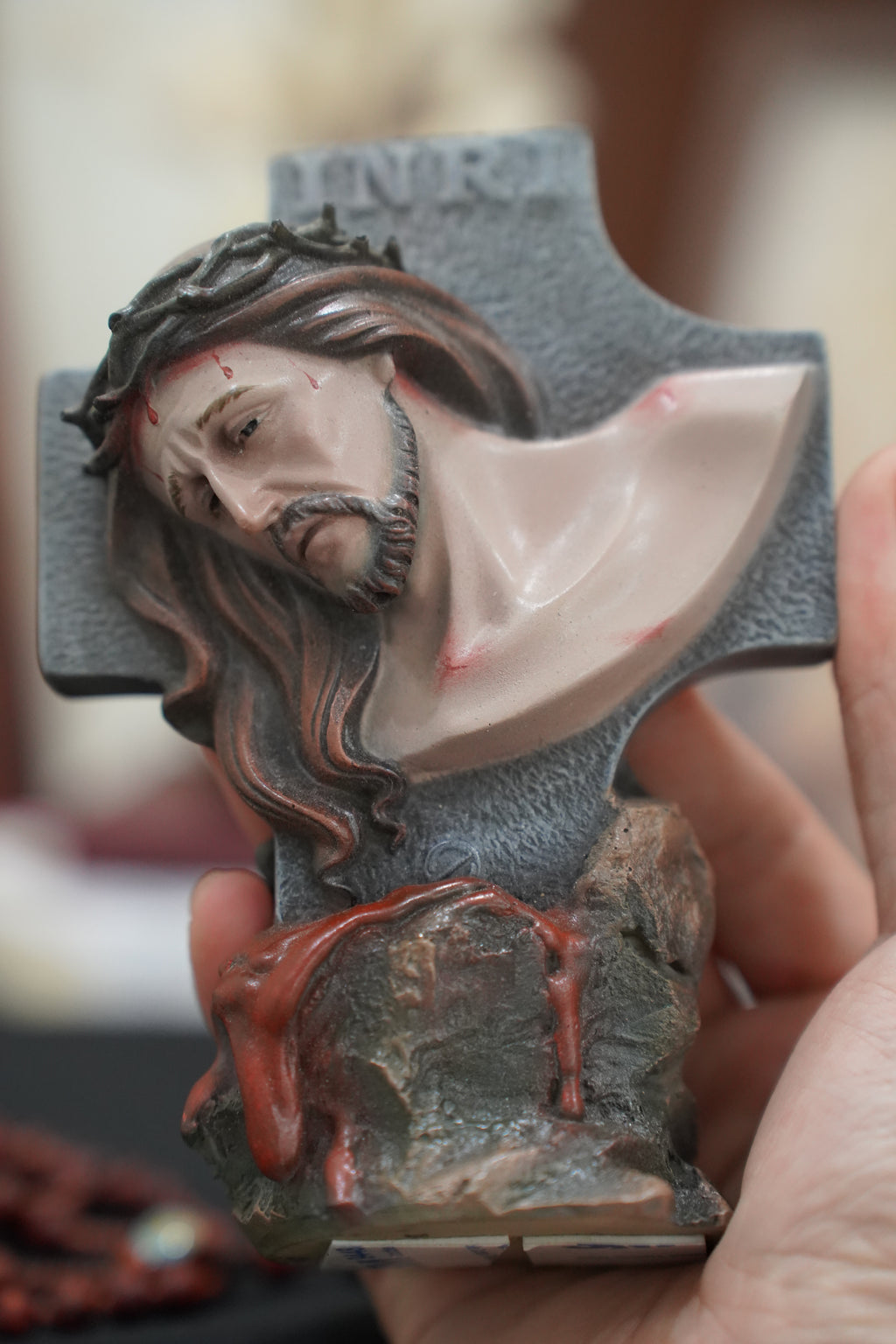 Hand-painted Passion of Christ bust statue with INRI cross and crown of thorns
