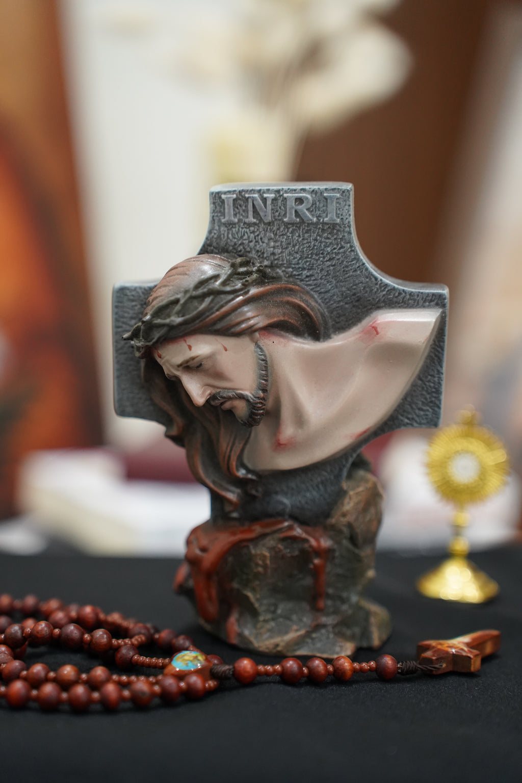 Hand-painted Passion of Christ bust statue with INRI cross and crown of thorns