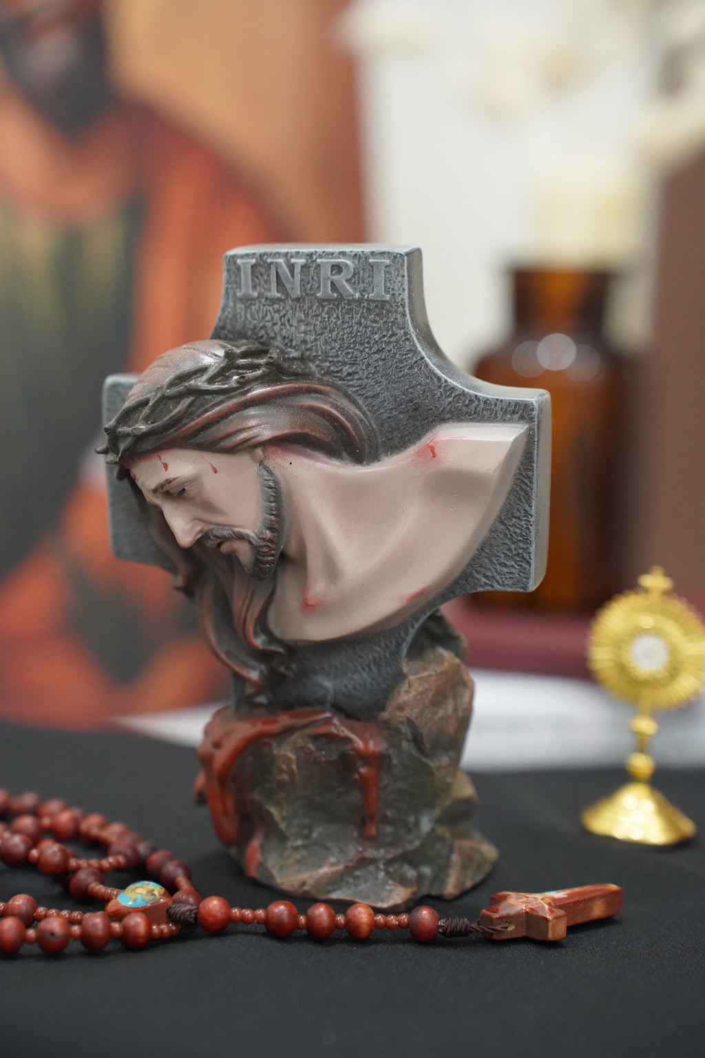 Hand-painted Passion of Christ bust statue with INRI cross and crown of thorns