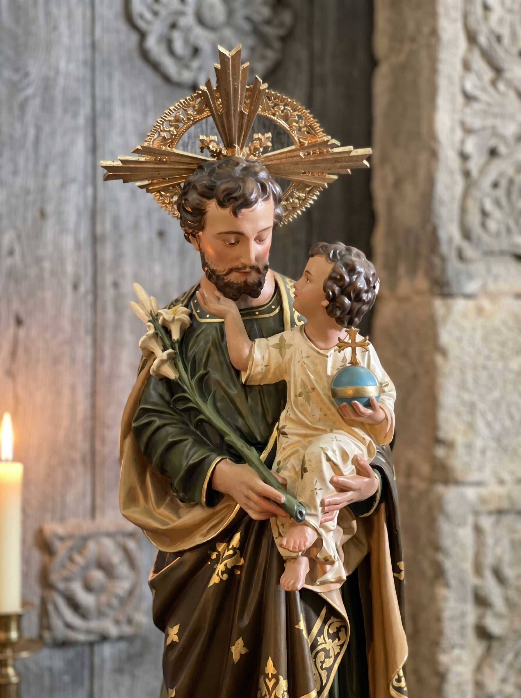 Hand-painted Saint Joseph with Infant Jesus statue for Catholic home altar
