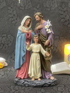 Hand-painted Holy Family statue with Jesus, Mary, and Saint Joseph for Catholic home altar