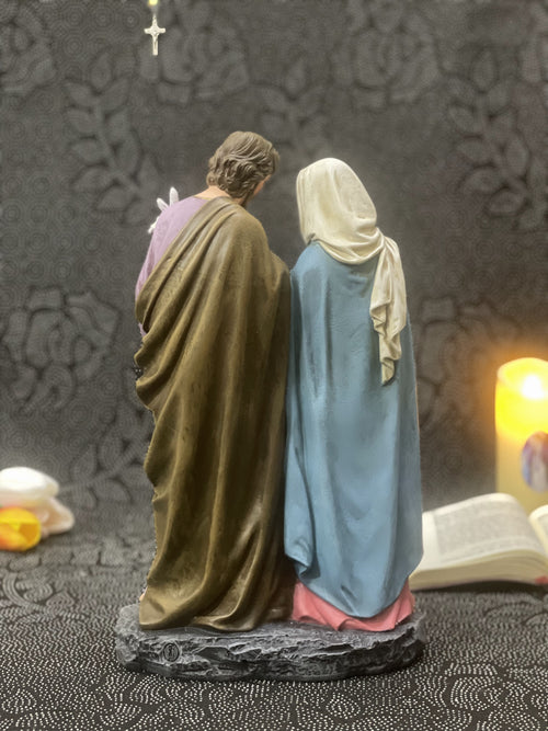 Hand-painted Holy Family statue with Jesus, Mary, and Saint Joseph for Catholic home altar