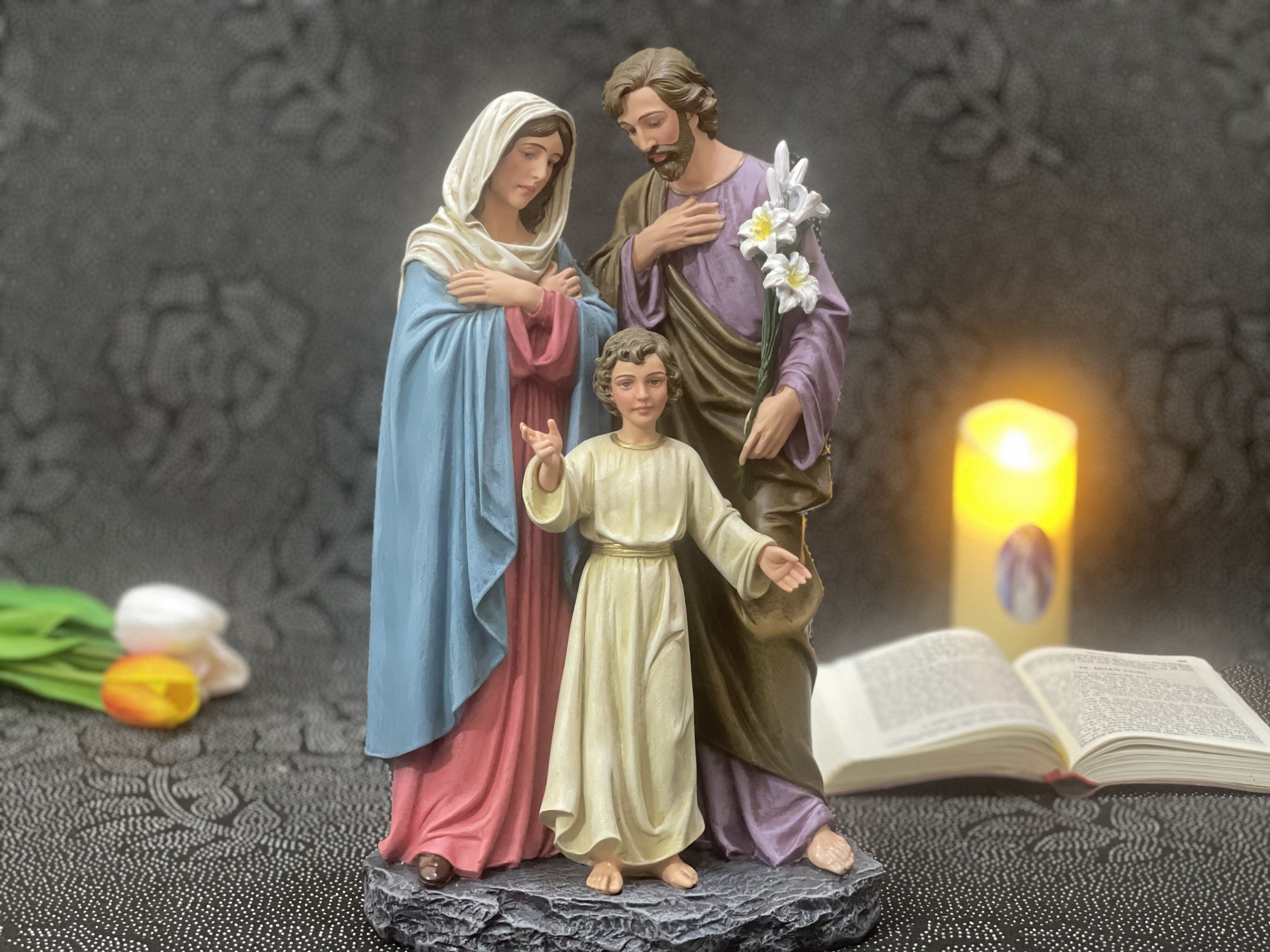 Hand-painted Holy Family statue with Jesus, Mary, and Saint Joseph for Catholic home altar