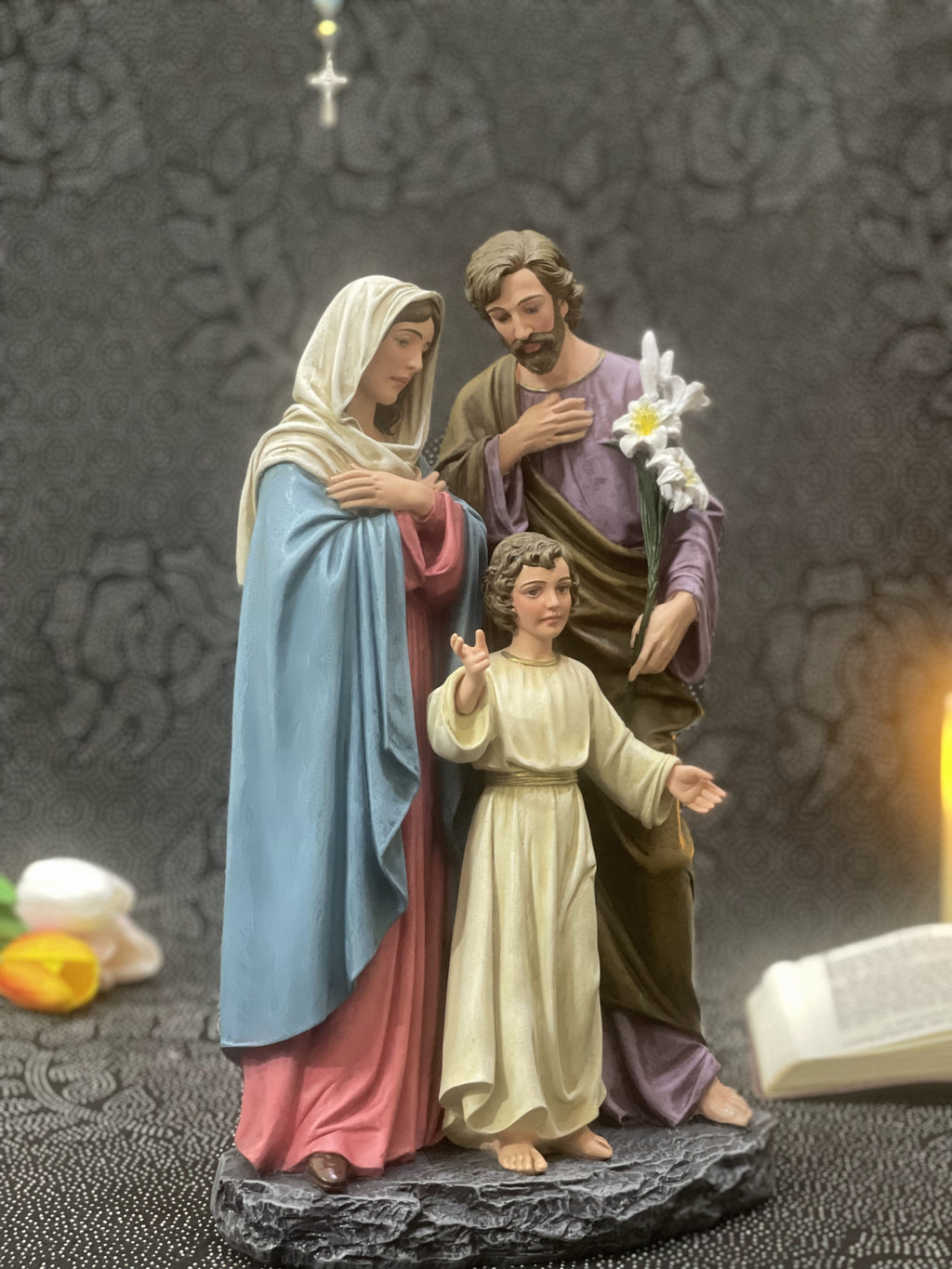 Hand-painted Holy Family statue with Jesus, Mary, and Saint Joseph for Catholic home altar
