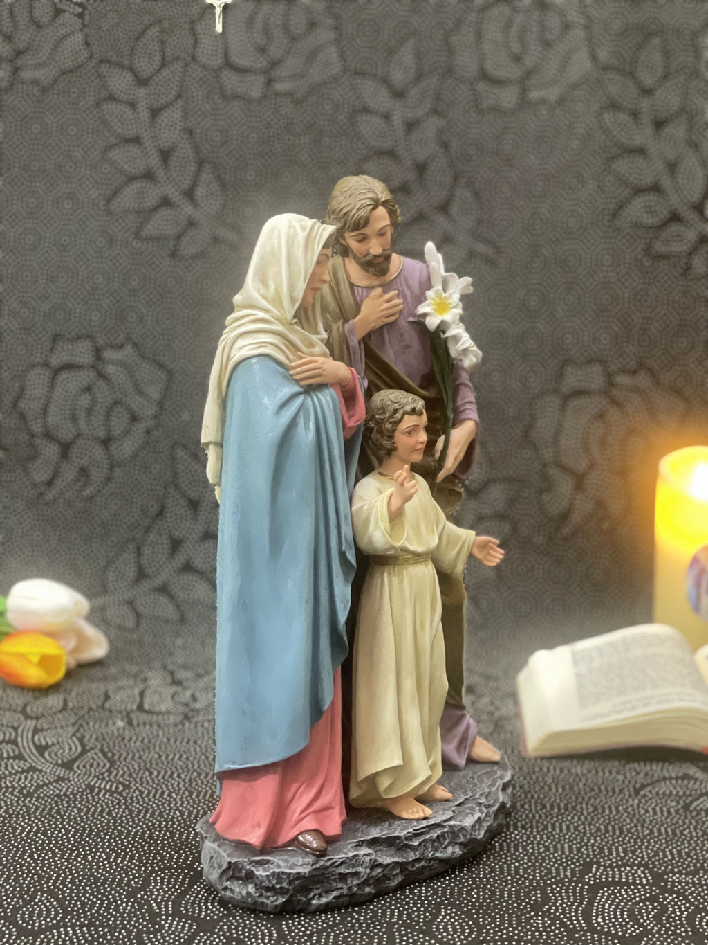 Hand-painted Holy Family statue with Jesus, Mary, and Saint Joseph for Catholic home altar