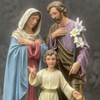 Hand-painted Holy Family statue with Jesus, Mary, and Saint Joseph for Catholic home altar
