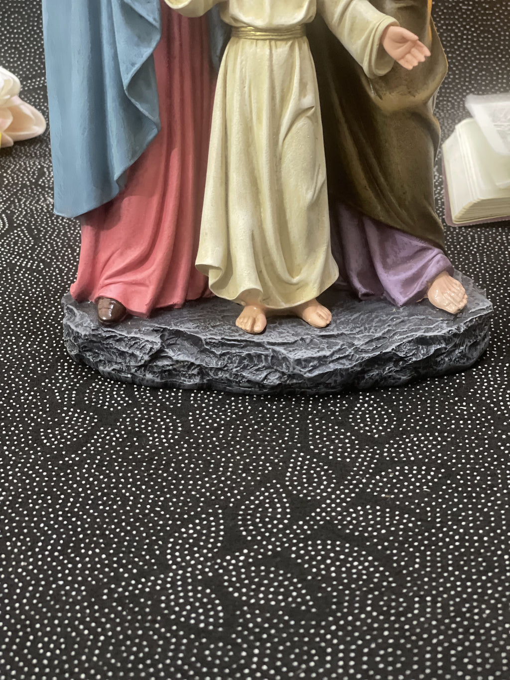 Hand-painted Holy Family statue with Jesus, Mary, and Saint Joseph for Catholic home altar