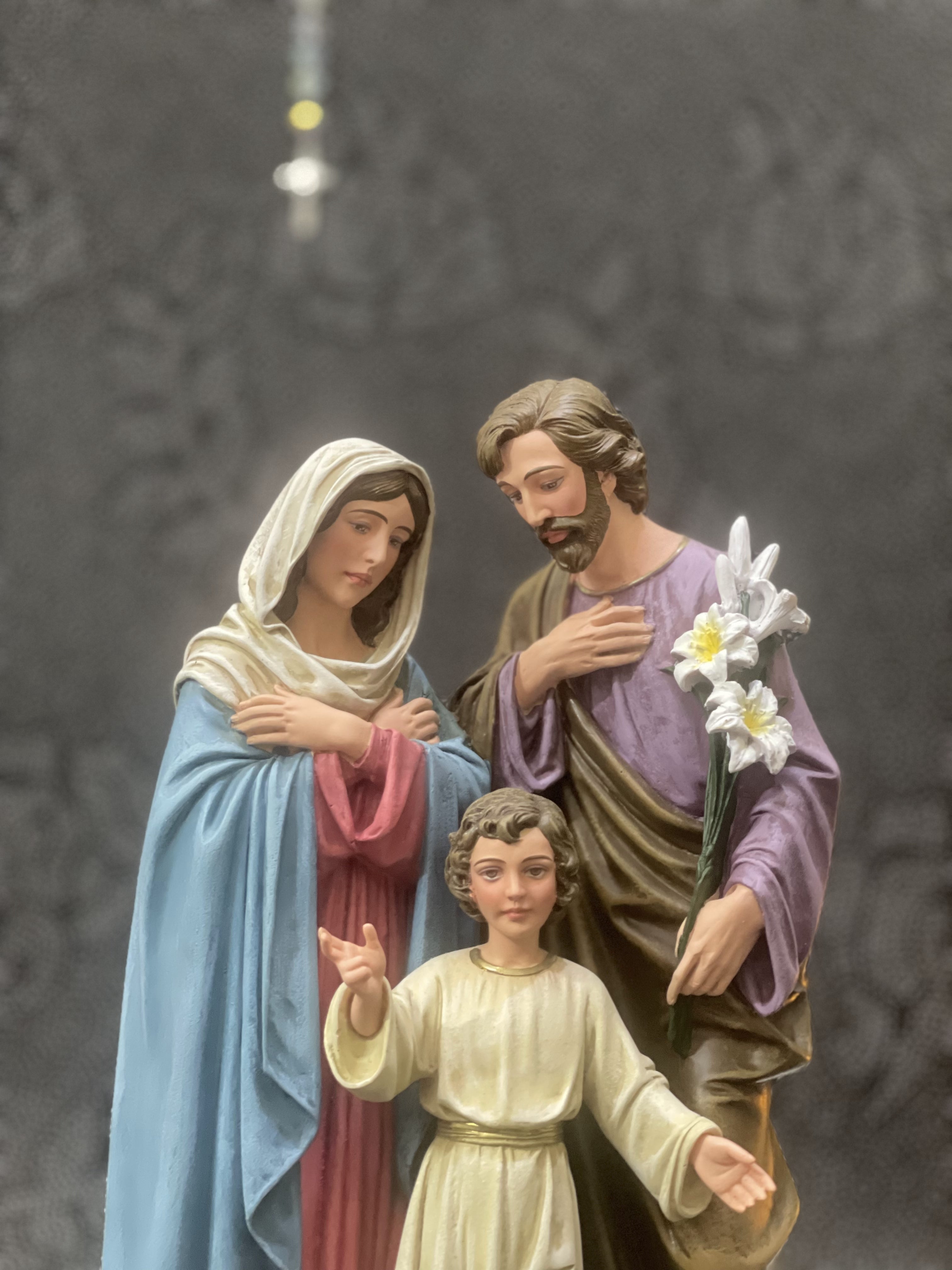 Hand-painted Holy Family statue with Jesus, Mary, and Saint Joseph for Catholic home altar